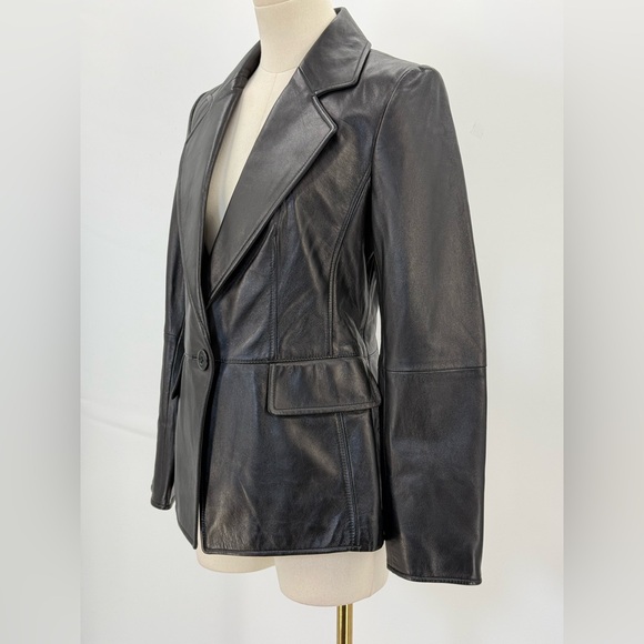 Ellen Tracy Genuine Black Leather Blazer Jacket Tailored Fit Single Button SZ 2 - Picture 3 of 14